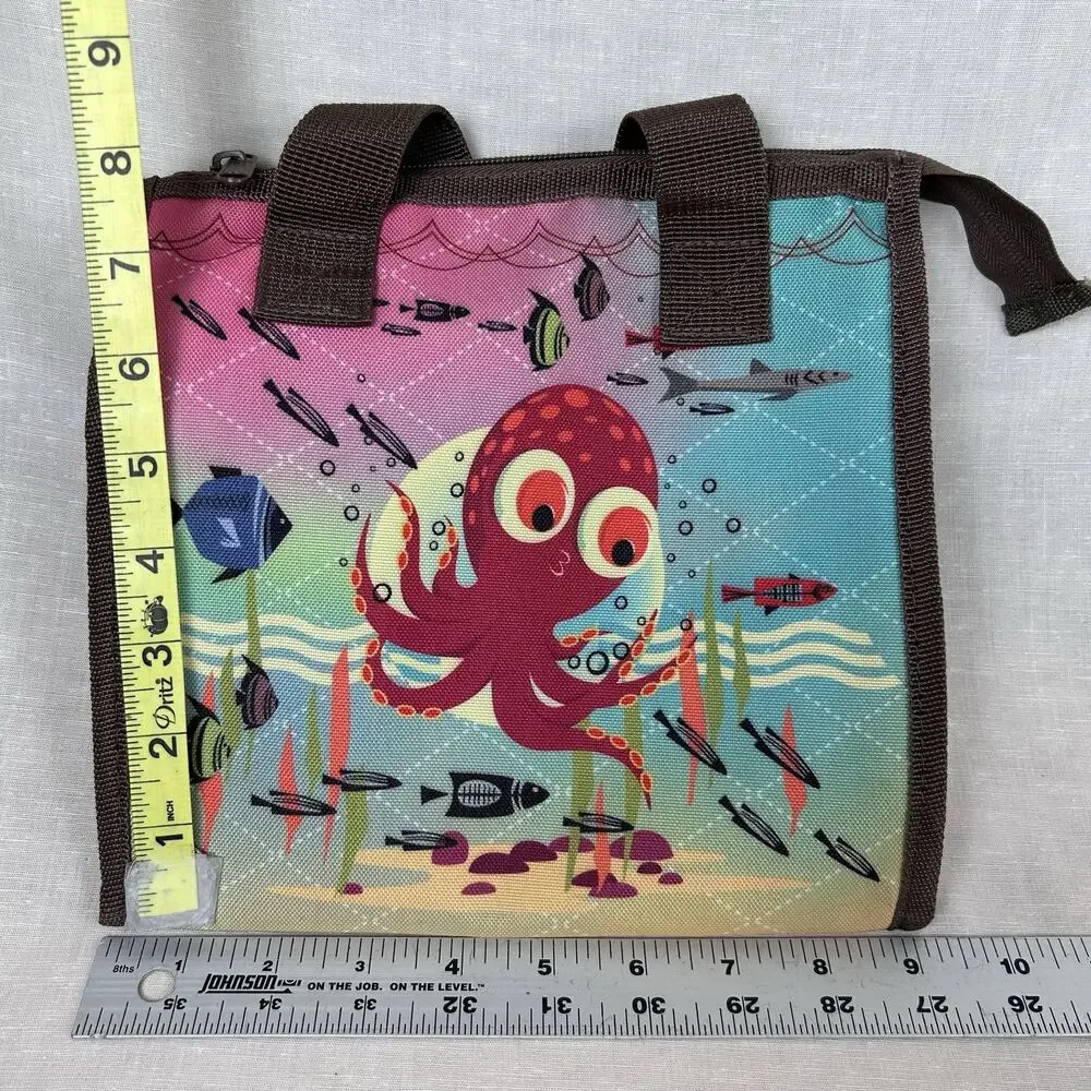 Coelacanth small tote bag Ocotopus graphics interior pockets zip closure